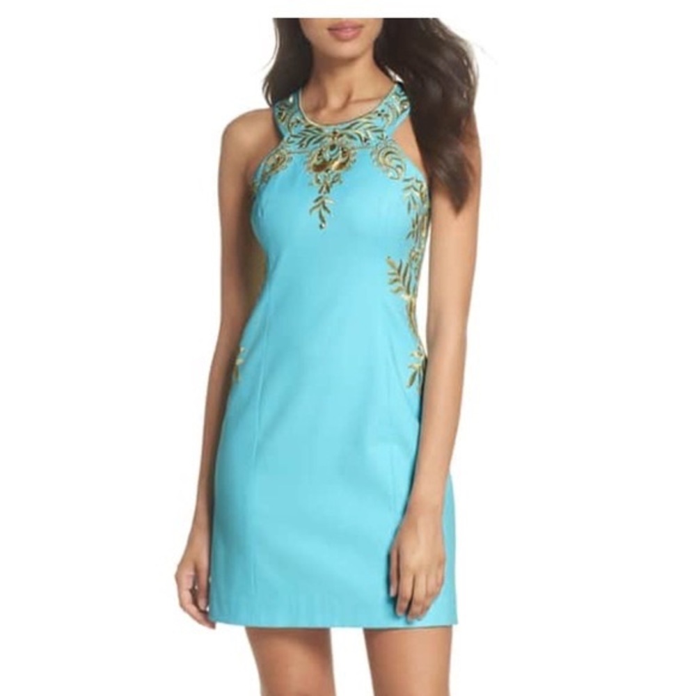 Lilly Pulitzer Gold Embroidered Tina Stretch Blue Ibiza Dress